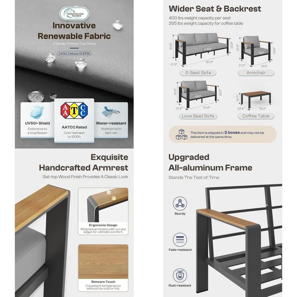 

Комплект садовой мебели из 4 предметов с моющимися подушками, подходит для использования на открытом воздухе, у бассейна, на террасе, серый цвет