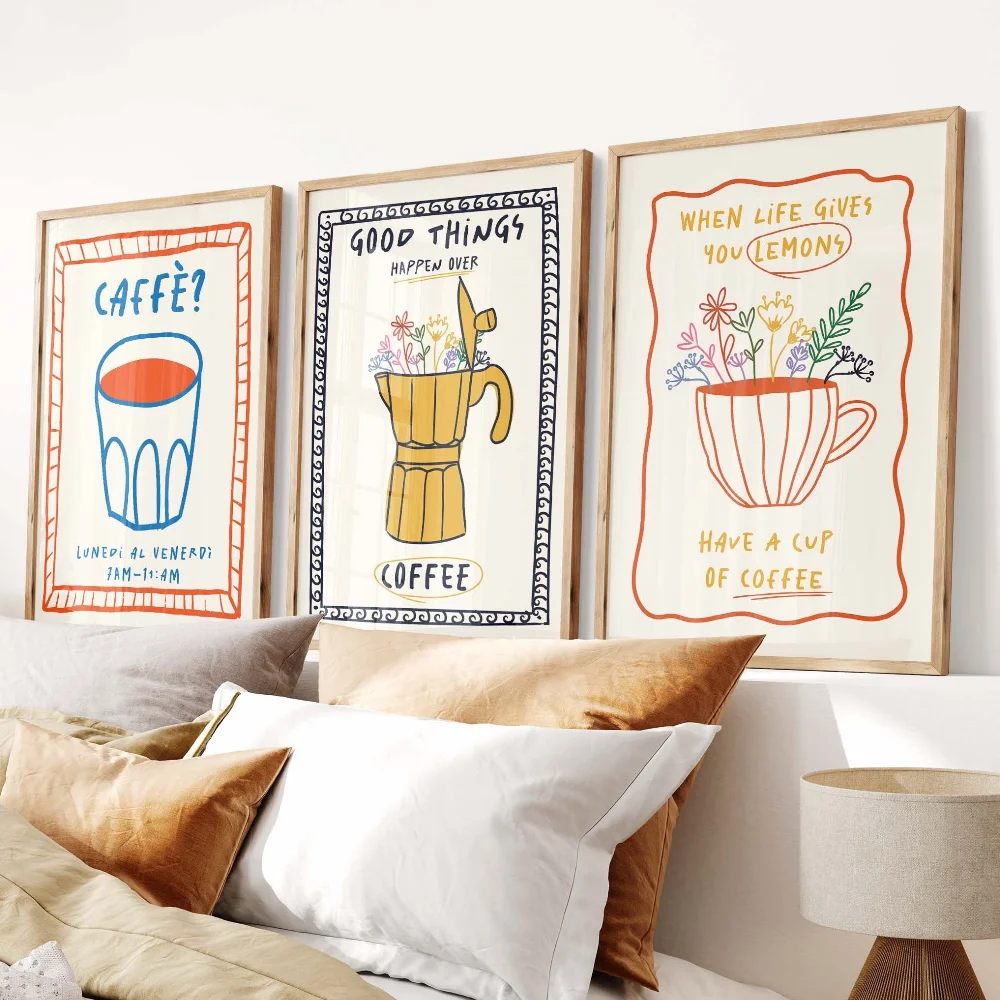 Trendy Coffee Cheers Print Posters Retro Wine Poster Pasta Night Food Print Painting Bar Cart Art Decor Maximalist Room Decor