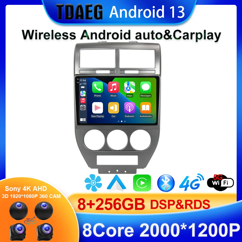 Leitor de vídeo multimídia para Jeep Compass 1 MK 2006-2010, Android 13, 4G LTE, 5G WiFi, navegação GPS, rádio