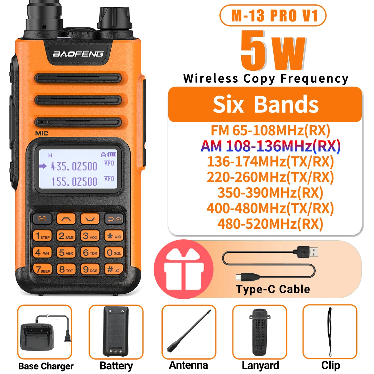 BaoFeng M-13 PRO V1 V2 High Power Multi Band Walkie Talkie Type C Oplader Lange afstand Verbeterde UV-13 PRO V1 V2 Ham Tweerichtingsradio