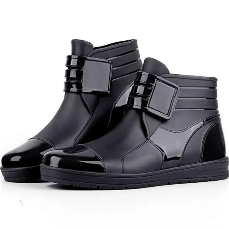 

2020 Fashion PVC Waterproof RainBoots Waterproof Flat Shoes Men Black Rainboots Blue Rubber Ankle Boots Buckle Botas