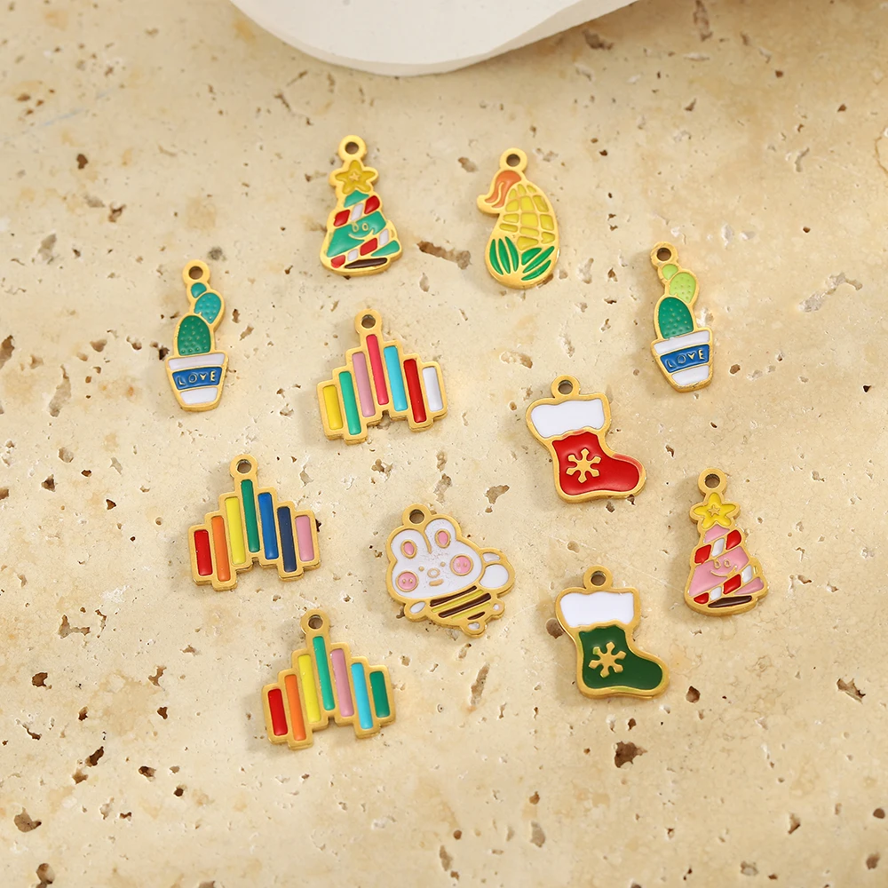 

CARLIDANA DIY Custom Summer Accessories Stainless Steel Christmas tree Colored Enamel Gold Color Heart Charms Jewelry for Women