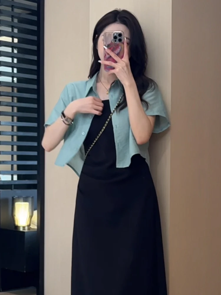 Women's Short Length Back Slit Shirt Summer New Style Strap Dress Outer Open Cardigan Thin Sun Protection Top Casual Style Lo...