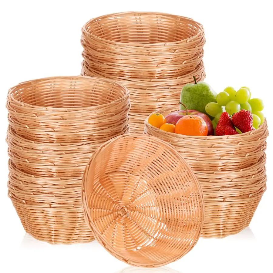 

30 Pack Small Gift Baskets Plastic Round Bread Baskets Bulk 7.1 Inch Wicker Bread Woven Basket Fruit Chip Storage for Food Servi