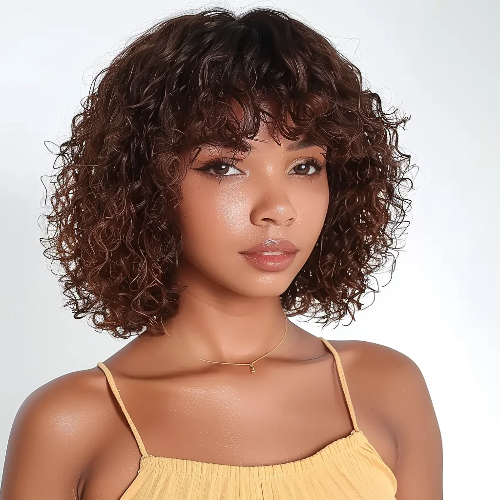 Lekker Ombre Brown Short Kinky Curly Bob Human Hair Wigs With Bangs For Women Brazilian Remy Hair Full Machine Made Colored Wigs