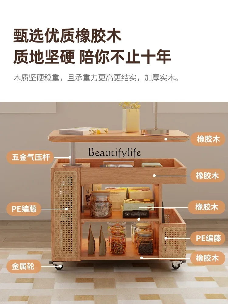 yj58 Solid Wood Lifting Tea Table with Wheels Movable Trolley Household Rotating Side Table