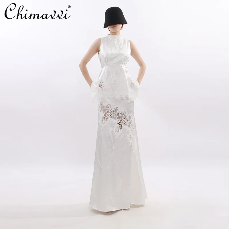 

Весенний комплект 2026: Элегантное кружевное платье-топ без рукавов с круглым вырезом и ажурной отделкой, с завышенной талией, и длинное платье с вырезами, в стиле французской моды, для женщин.