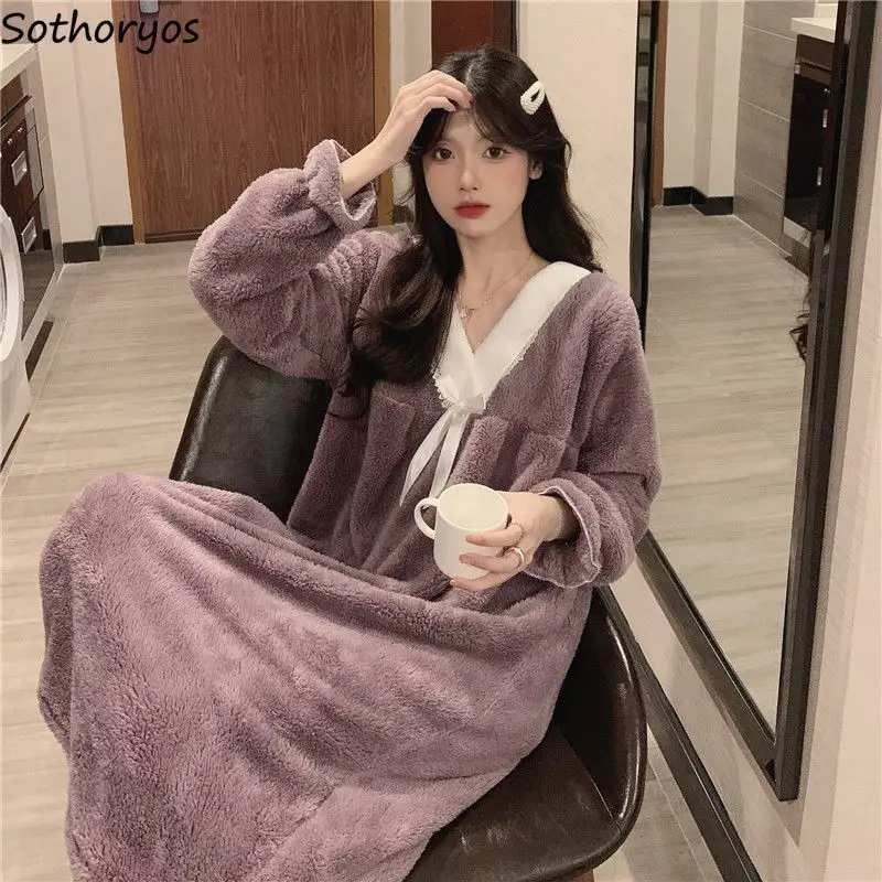 Lace Edge Nightgowns Women V-neck Oversize Loose Solid Simple Comfortable Coral Fleece Sleepwear Sweet Ladies Bedroom Wear Soft