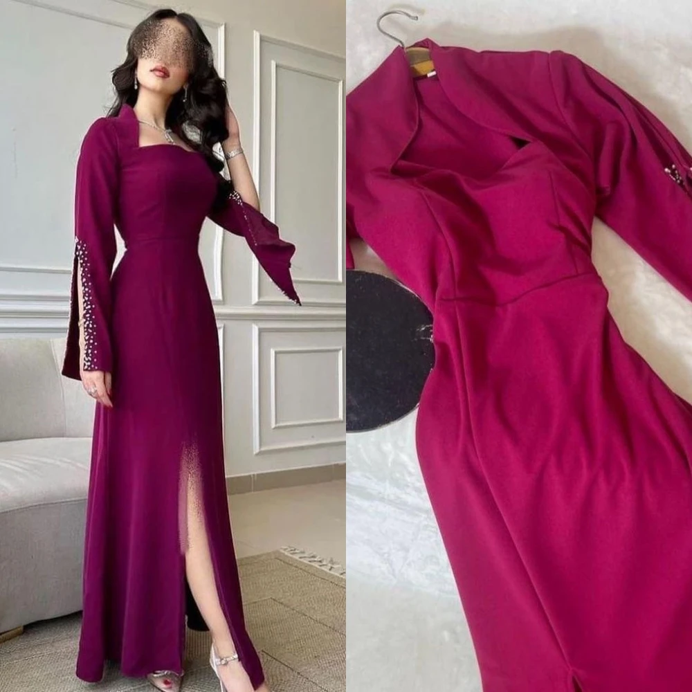 Long Sleeves Eleagnt Prom Dresses Simple Exquisite Square A-line Beading Satin Formal Occasion Gown Floor Length  Party Wedding