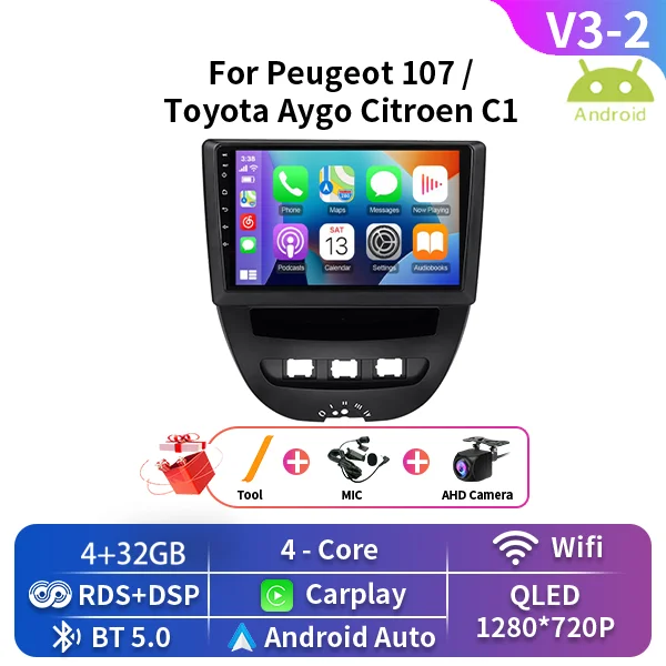 For Peugeot 107 For Toyota Aygo Citroen C1 2005-2014 Android Car Multimedia Video Player Navigation GPS 4G Carplay 2 Din Stereo