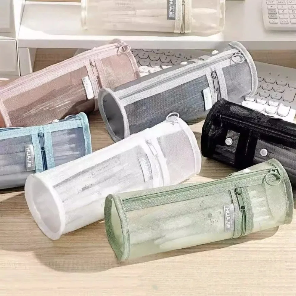 Minimalist Transparent Pencil Case Large Capacity Solid Color Flip-Top Bag Mesh Stationery Storage Bag School
