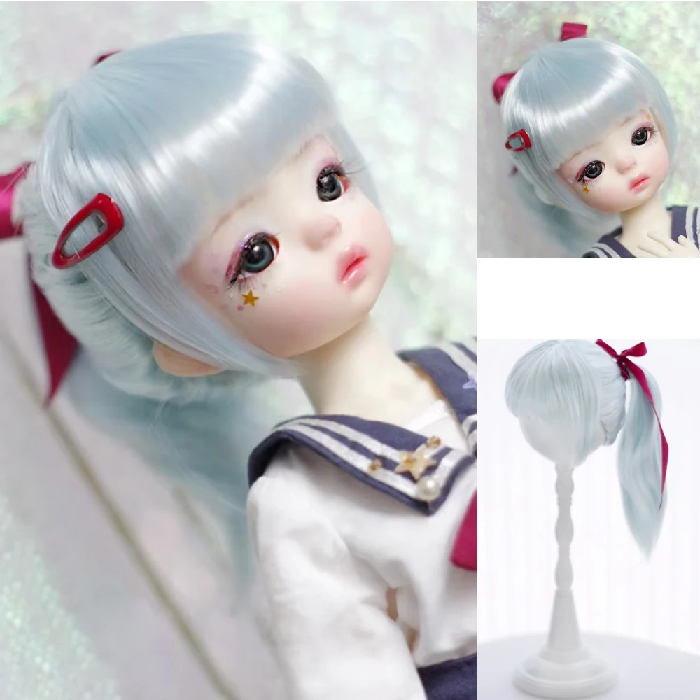 D09-P387 children handmade toy  1/4 1/3 MSD bjd doll wig blue color Soft silk high ponytail 1pcs