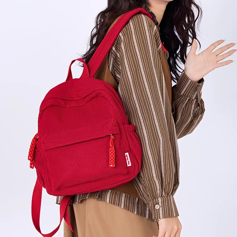 

Chic Large Capacity Corduroy Casual Backpack with Adjustable Straps Front Zip Pocket Cute Daypack for Women Teens School