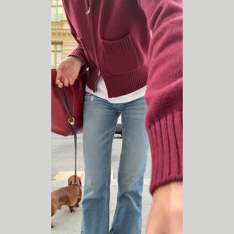 Damenmäntel mit Stehkragen, Doppelreißverschluss, kurzer Strickcardigan, Herbst, Damen, lange Ärmel, Taschen, einfarbig, schlanke Strickwaren, neue Oberteile – Detail 7