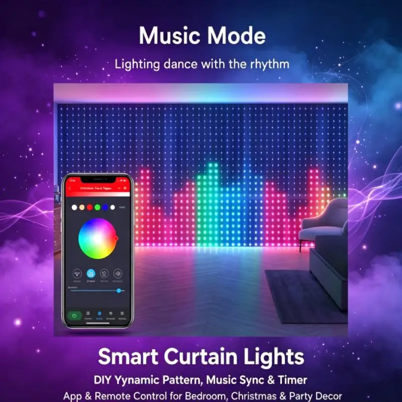 Smart Window Curtain Lights, RGB LED String Lights with App Control Music Sync DIY Patterns Timer for Christmas Party Decor