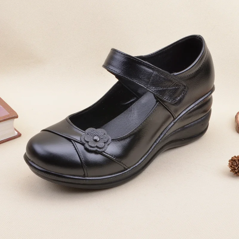 

High Platform 6cm Wedges Shoes Geunine Leather Flats Comfort elderly Woman Granny Mary Janes Shoes Black Flower Deco Loafer