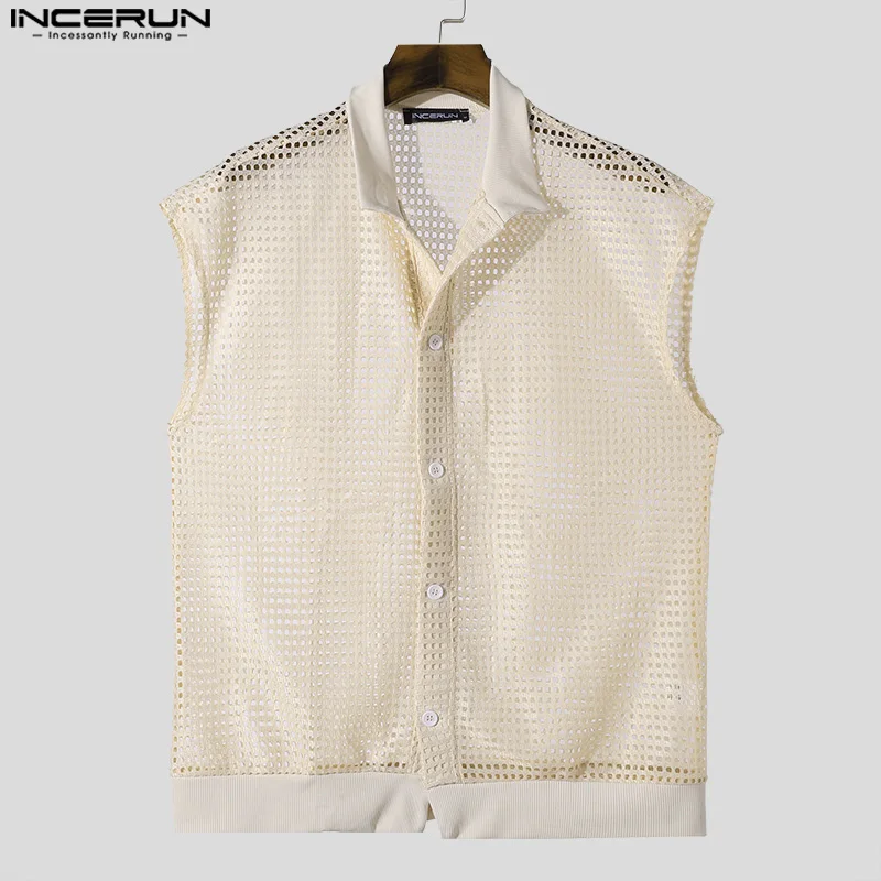 

Men Shirt Hollow Out Transparent Mesh Solid Lapel Sleeveless Men Clothing Summer Streetwear 2025 Casual Vests Shirts INCERUN
