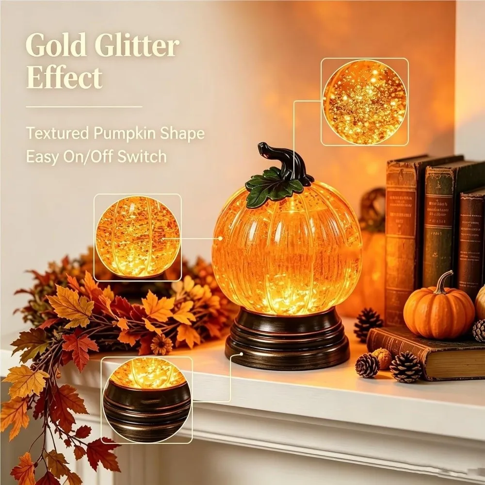 Resin Glitter Pumpkin Table Lamp Creative Retro Glowing Pumpkin Decorative Light Stable Base Vintage Halloween Ornaments