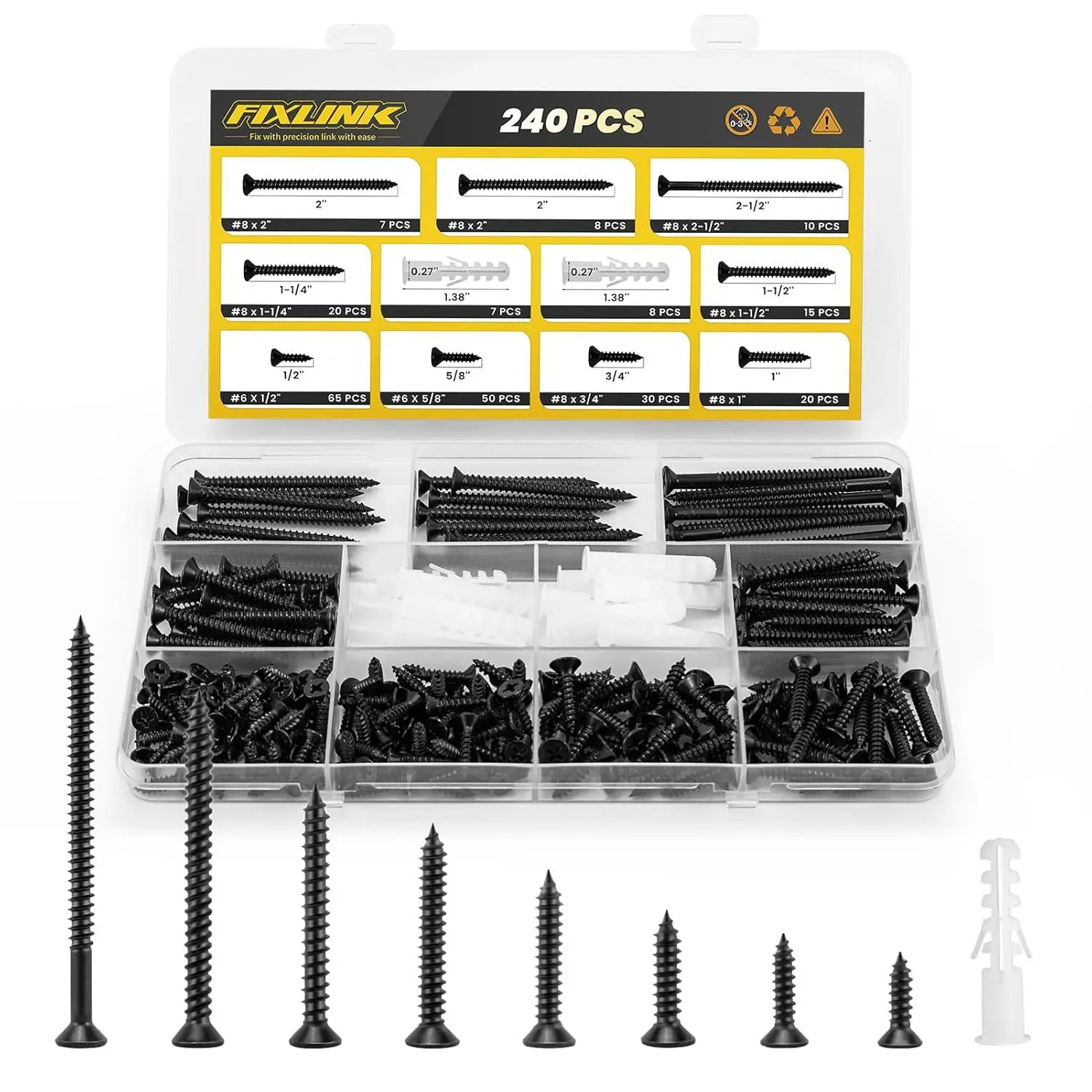 240Pcs High-Hardness Flat-Head Wood Screws Set with Cross Screwdriver Various Screws for Home Improvement
