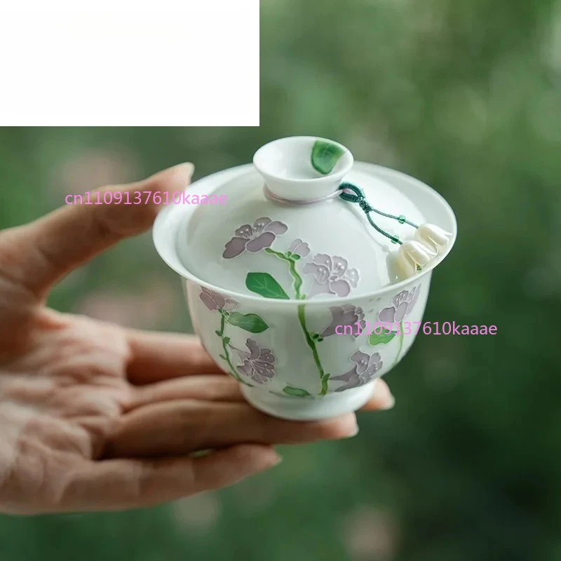 

Чайная чаша Гайвань 100 мл, ручной работы, с рисунком «Орхидея», из белого фарфора, винтажная, с крышкой, для чая, подарок ручной работы