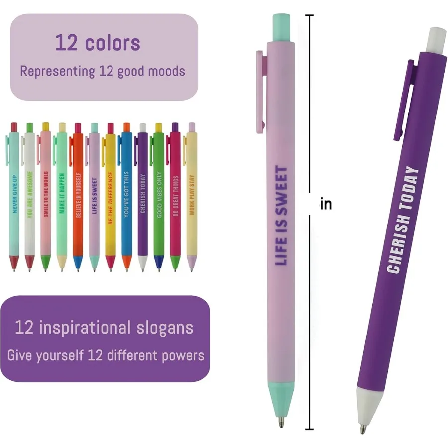 12 szt. Motywacyjnych długopisów z wkładem kulkowym z pozytywnymi afirmacjami, zabawne długopisy z inspirującymi cytatami do biura, szkoły, domu, dla dzieci.