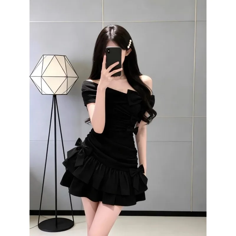 Womens Off Shoulder Short Sleeve Bow Decor Ruched Waist Multi Layer Ruffle Hem Bodycon Mini Dress