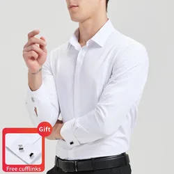 Men's Classic Hidden Buttons French Cuffs Solid Dress Shirt Formal Business Regular-fit Long Sleeve Shirts (Cufflink Included)