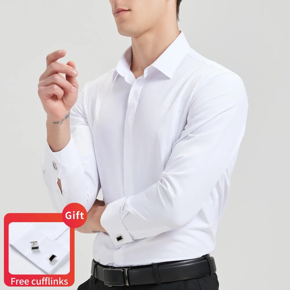 Men's Classic Hidden Buttons French Cuffs Solid Dress Shirt Formal Business Regular-fit Long Sleeve Shirts (Cufflink Included)