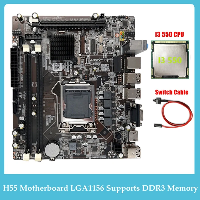 

H55 Motherboard LGA1156 Supports I3 530 I5 760 Series CPU DDR3 Memory Computer Motherboard +I3 550 CPU+Switch Cable Parts