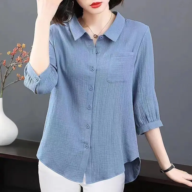 

2024 New Summer Women Simple Commute Loose Thin Lapel Solid Color Panel Pocket Button Cardigan Pure Cotton Shirt 3/4 Sleeve Top