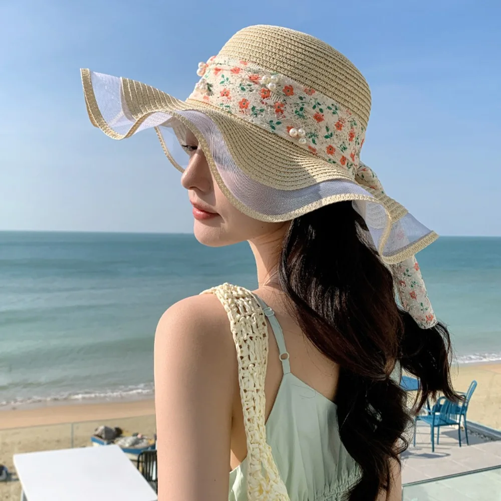 

Fashion Breathable Lace Streamers Straw Hat Bowknot Large Brim Wide Brim Sun Hat Korean Style Sweet Fisherman Sunshade Cap Beach