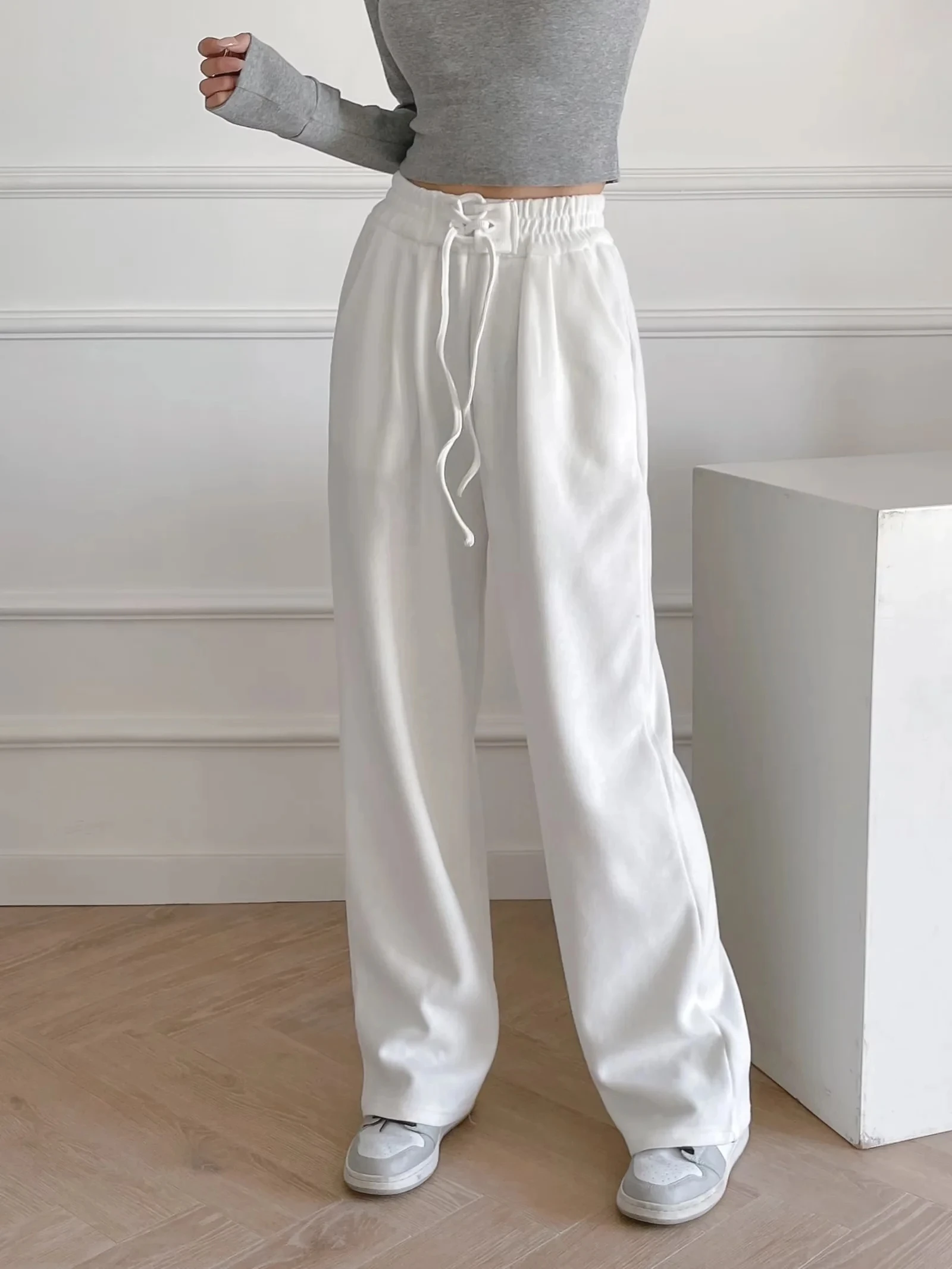 ハイウエスト スポーツパンツ レディース ストレートレッグ カフ付き ルーズ ワイドレッグ トレンディ カジュアルパンツ 通勤 薄手素材