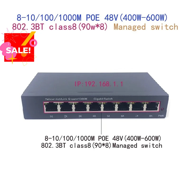 

8-port 10/100/1000M POE 48V(400W-600W) 802.3BT class8(90W.8)managed switch
