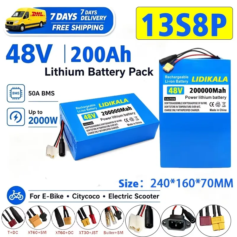 48V 13S8P 200Ah 18650 Wiederaufladbarer Li-Ionen-Akku Hochleistungs-Akku mit BMS für Motorrad, Roller, Fahrrad