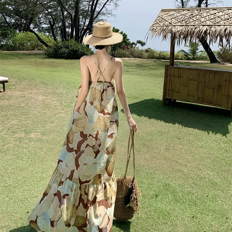 Sanya Style Barbour Island Long Dress Beach Photography Printing Vacation Loose-Fit Bohemian Tank Dress By The Sea