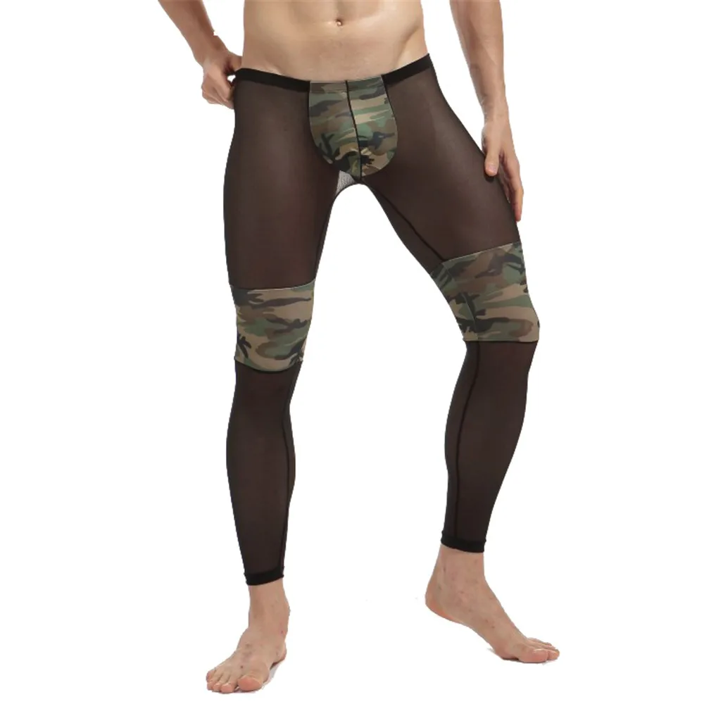 Mens Sexy Mesh Camo Long Johns Ultra-Thin Sheer Leggings Underwear Low Rise Sleep Bottoms Home Ropa Interior Hombre Pajama Pants