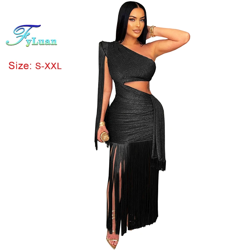 2025年ヨーロッパスタイルレディースロングドレスカジュアル無地ワンショルダータッセルドレスセクシーカットアウトウエストスリミングクラブパーティー服