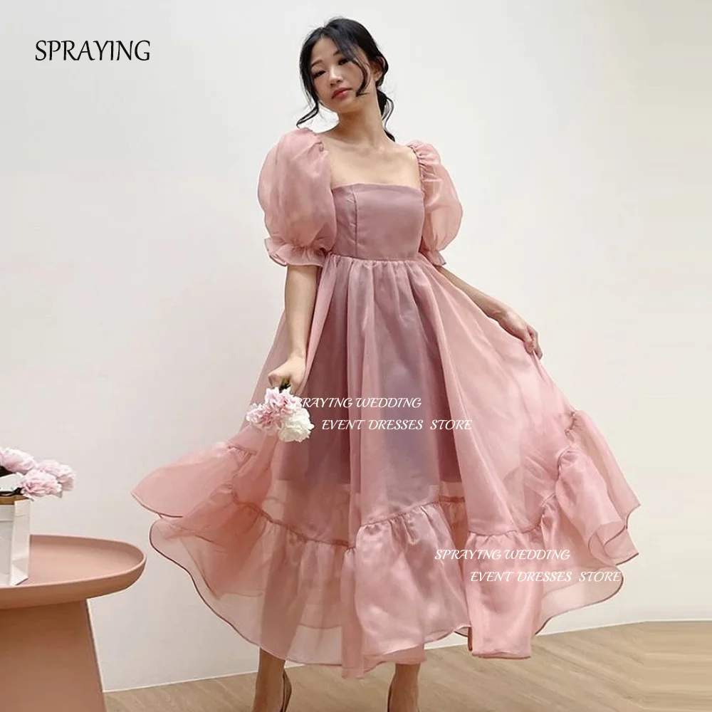 SPRAYING Mono Prom Dresses Square Collar Short Sleeves Ruffle Party Gown Tea-Length A-line Simple Evening Dresses