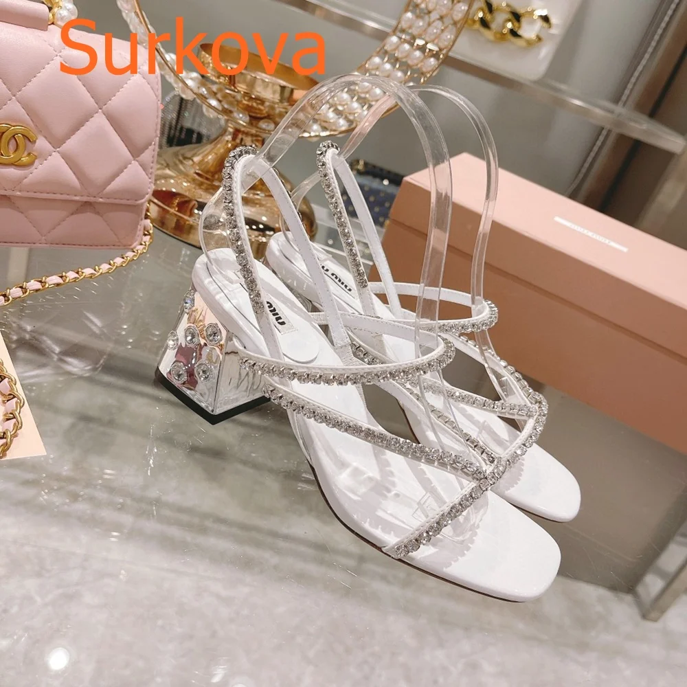 

Rhinestone Square heel Modern Sandals Square Toe Summer Party Fashion Elastic Band Women Sandals Solid lingback 2023 New Style