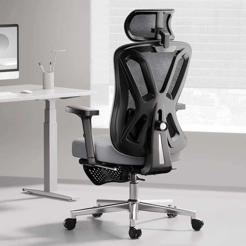 

Desk Chair with Adjustable Lumbar Support and Height, Computer Chair with Footrest 2D Headrest, Swivel Tilt Function Grey