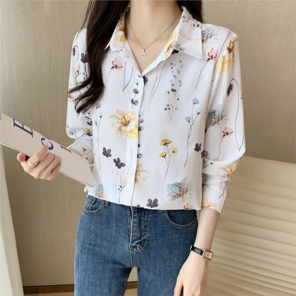 Office Lady Flower Turn Down Collar Cardigan Blouse 2024 Autumn Printed Long Sleeve Shirt For Women   Рубашка Женская Летняя