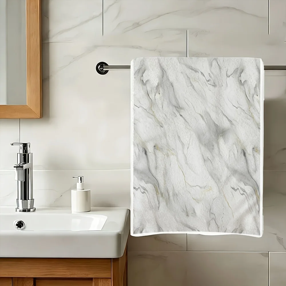 1pc White Marble Printed Kitchen Towel, Soft Absorbent Hand Towel, Perfect for Bathroom, Kitchen, Vanity, Modern Luxury Decor