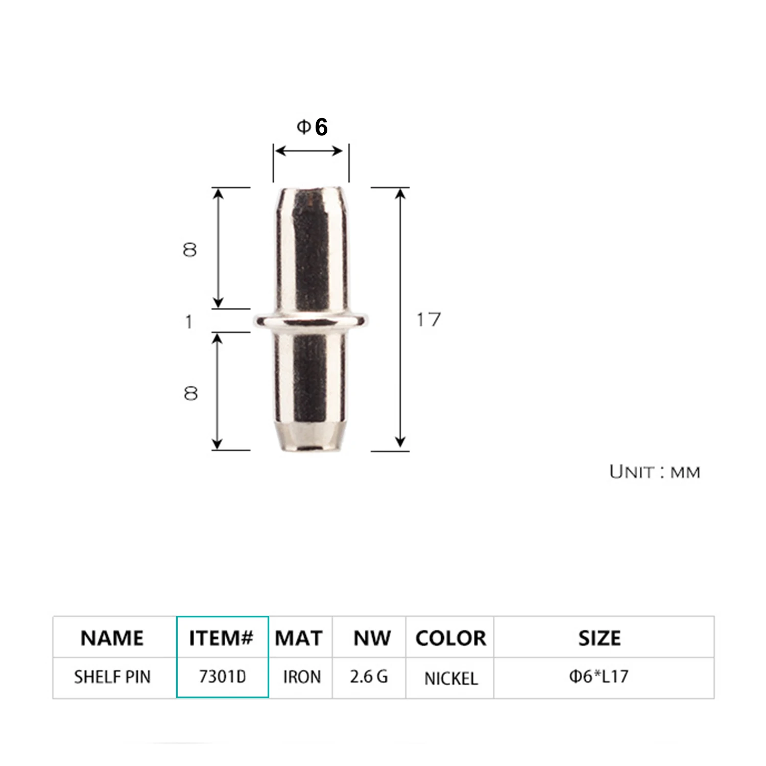 Cabinet Bookcase etc furniture shelf support Nickel color Diameter 7 L35mm Iron metal Shelf Pin