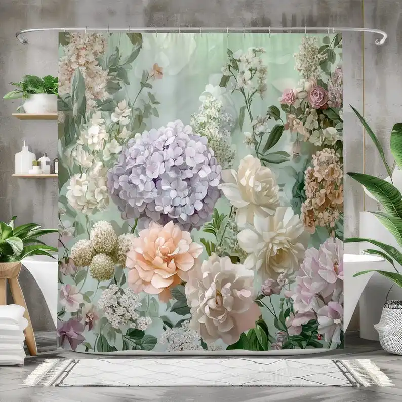 

Hydrangea and Rose Shower Curtain Floral, Waterproof Fabric Bathroom Curtain, Elegant Pastel Floral Bath Decor