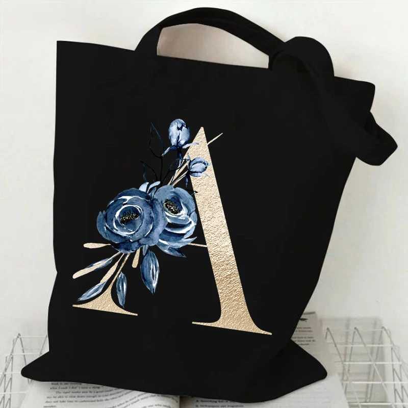 Golden Letter Blue Rose Pattern Women's Handbags Vintage 26 Alphabet A B C D Series Shopper Shoulder Bag Fashion Y2K Tote Bags