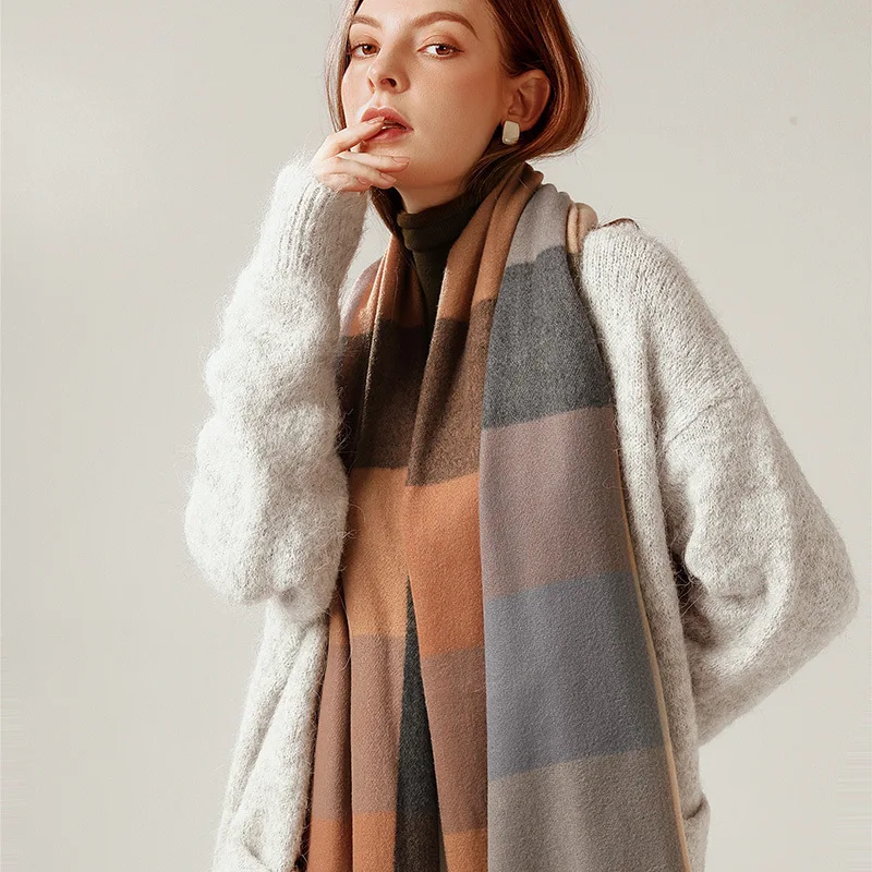 Women's Scarf Striped Plaid Shawl Elegant Celebrity Style Autumn and Winter Scarf New Imitation Cashmere