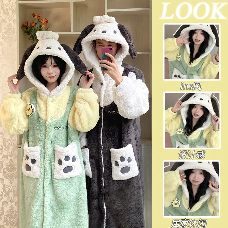 

Пижамы Pochacco с героями мультфильмов, женские коралловые бархатные утолщенные теплые халаты, милая ночная рубашка, длинная повседневная зимняя домашняя одежда для девочек