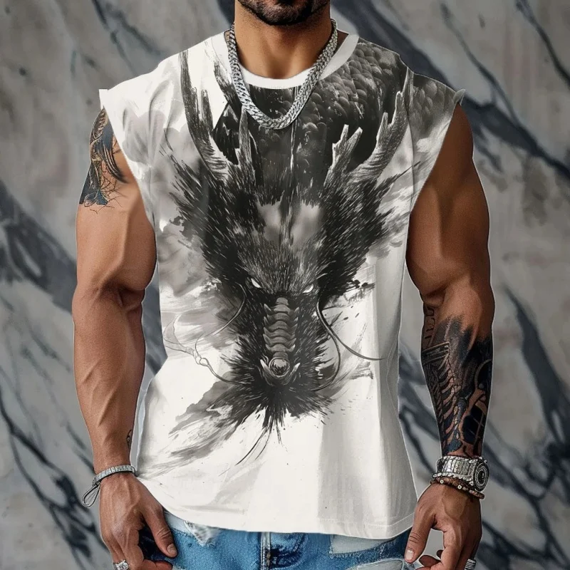 

Vintage Chinese Loong Pattern Tank Tops For Men Cool Animal 3D Printed Tops Summer Casual Loose Sports O-Neck Vest Street Tees