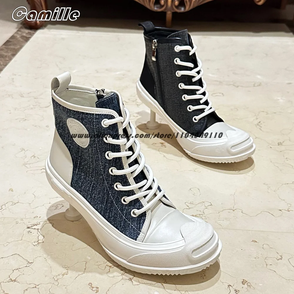 

Retro Denim Black Lady Sports High Heels Autumn New Fashion Catwalk Style Modren Sport Shoes Round Toe Casual Women Pumps