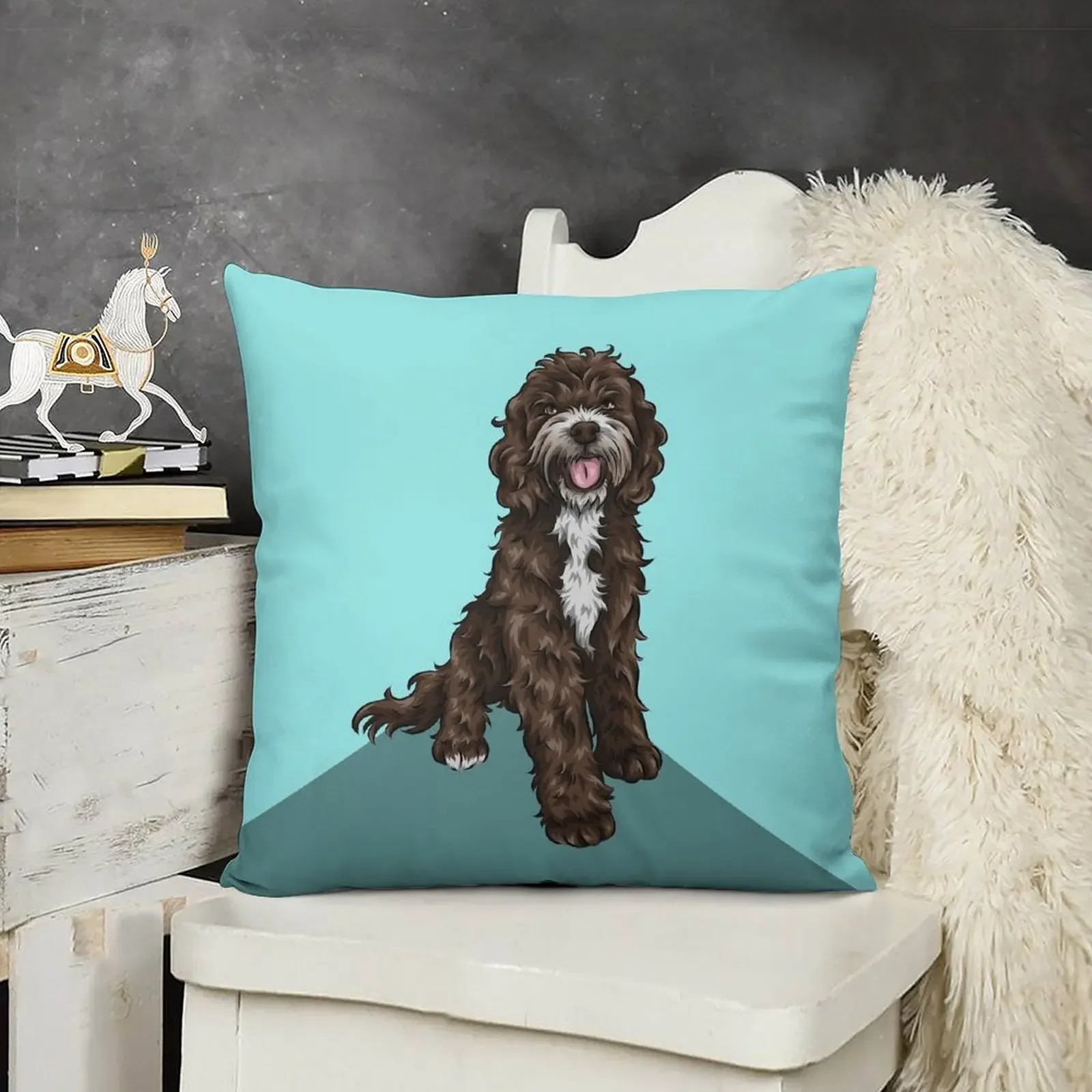 

Sproodle Cute Dog Art Turquoise Background Throw Pillow Pillowcase Plaid Sofa Rectangular Cushion Cover pillow